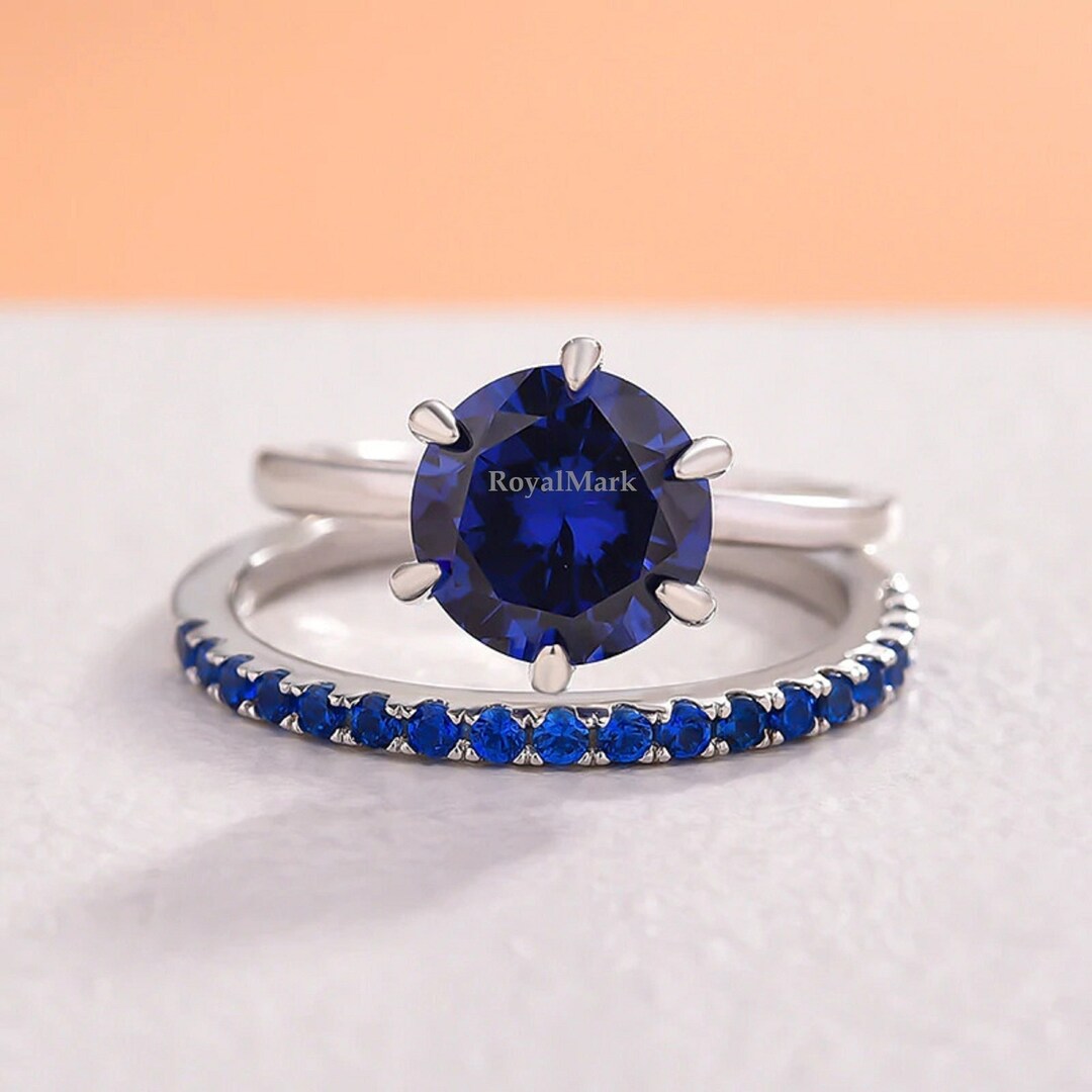 Luxury Royal Blue Sapphire Ring Set, 6 Prongs Solitaire Engagement Ring ...