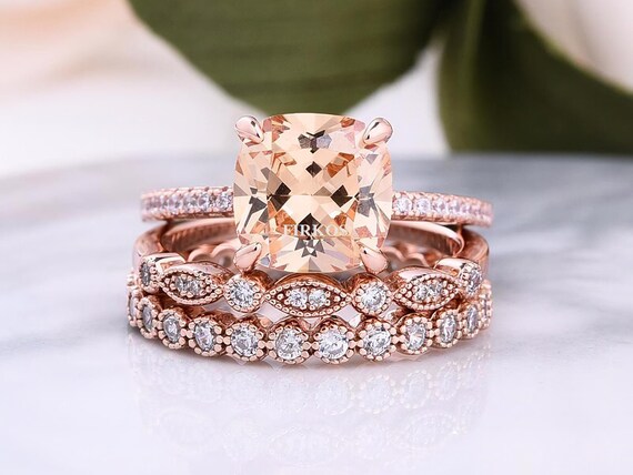 Cushion cut morganite wedding set sale