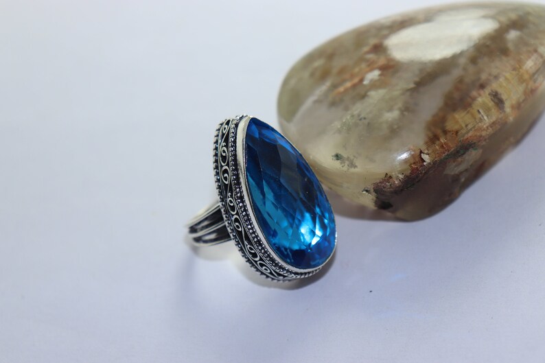 Beautiful Blue Topaz gemstone handmade silver plated ring