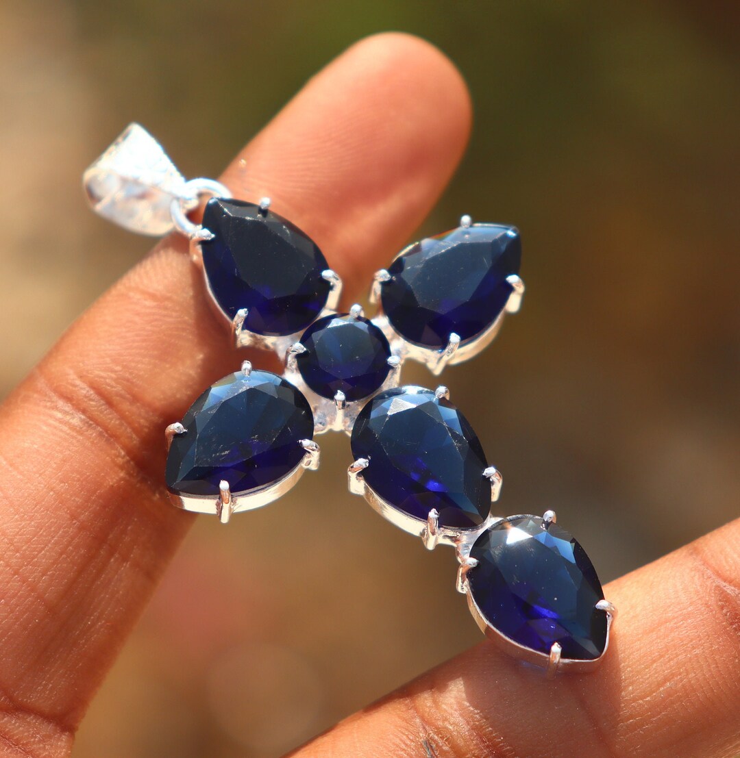 Vintage Navy Blue Gemstone Handmade Cross Pendant Retro Etsy