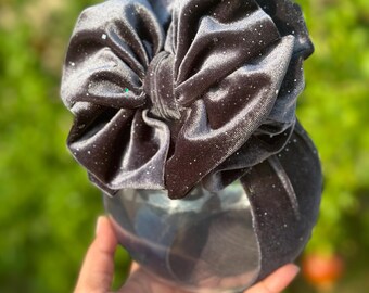 Velvet Baby Headwrap: Charcoal Gray Glitter Bow