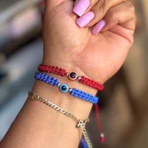 Adjustable Evil Eye Bracelet: Red or Blue Macrame Cord