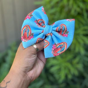 Blue Virgen de Guadalupe hair bow, Religious hair bow , Virgen of Guadalupe hair bow