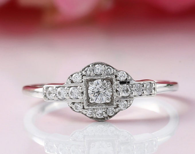 Featured listing image: 1920's Era Vintage Art Deco Ring, Bezel Set Ring Round Cut Moissanite Engagement Ring Antique Estate Edwardian Ring 14K Gold Minimalist Ring