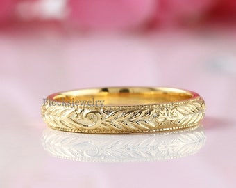 Antique Filigree Wedding Band, Art Deco Milgrain Band, Floral Engraving Band, Vintage Wedding Band, 14k Solid Rose Gold Anniversary Gift