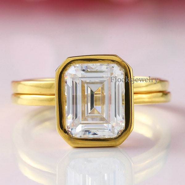 3 Ct Emerald Moissanite Ring Set, Emerald Cut Moissanite Solitaire Wedding Ring Set, Plain Wedding Band With Solitaire Ring, 14K Gold Ring