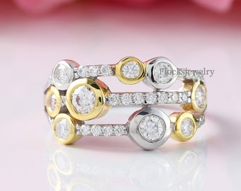 Three Row Diamond Scatter Ring, Multi-Colour Gold Raindance Ring, Round Bubble Set Moissanite Engagement Ring, Two Tone 925 Silver Ring