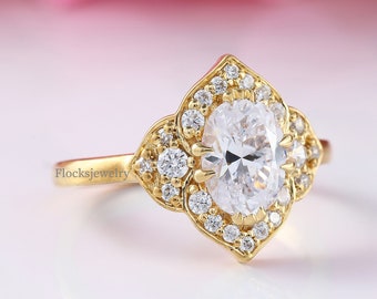 Vintage Oval Cut Moissanite Engagement Ring, Vintage Floral Gold Wedding Ring, Round Moissanite Halo Bridal Ring, Lotus Flower Cluster Ring