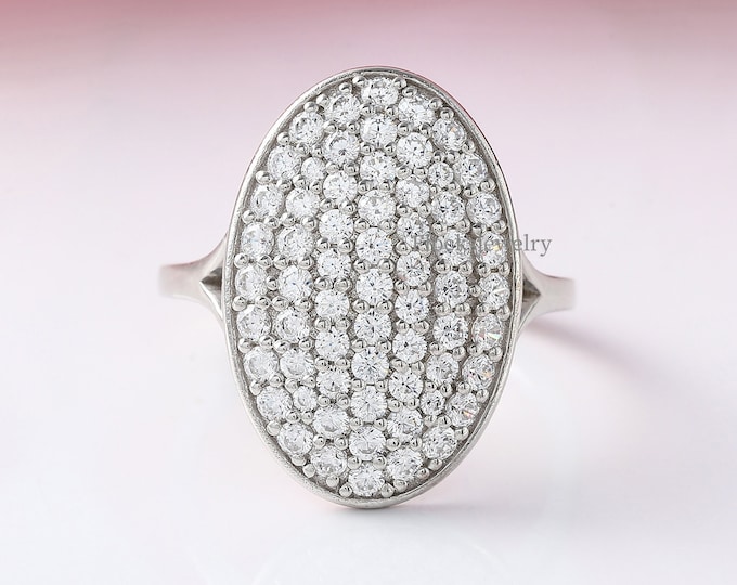 Featured listing image: Cluster Bella Celebrity Engagement Ring, Oval Shape Moissanite Ring, Split Shank Ring, Pave Moissanite Ring, Round Moissanite Cluster Ring