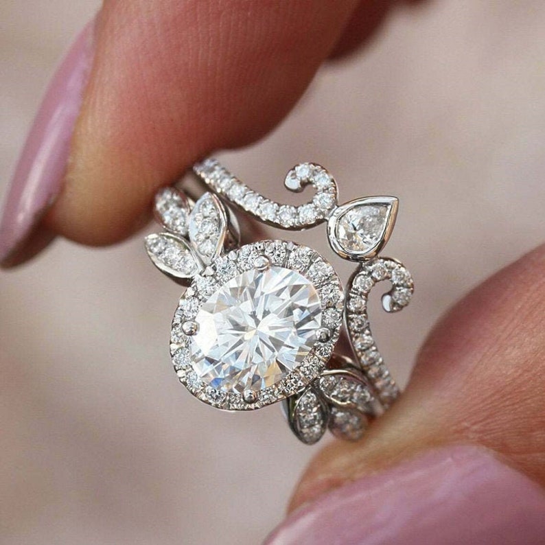 Wedding-Bridal Ring Set Halo Floral Inspired Ring With Vintage Eternity Band 925 Silver Band Oval Cut Diamond Engagement Ring Set