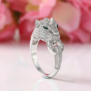 Panther Ring, Emerald Eyes Panther Ring, Leopard Ring, Stylish Unisex Statement Ring, Leopard 925 Silver Ring, Round Moissanite Diamond Ring