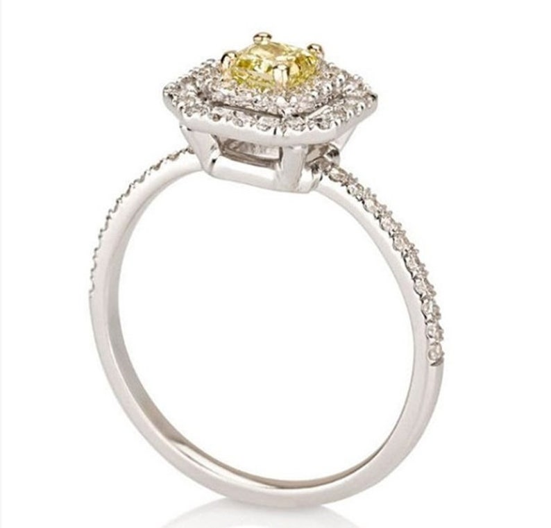 2 Ct Radiant Canary Yellow Ring Radiant Diamond Engagement Ring Round Diamond Ring Radiant Cut Ring Double Halo Diamond Wedding Ring