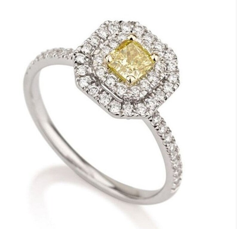 2 Ct Radiant Canary Yellow Ring Radiant Diamond Engagement Ring Round Diamond Ring Radiant Cut Ring Double Halo Diamond Wedding Ring