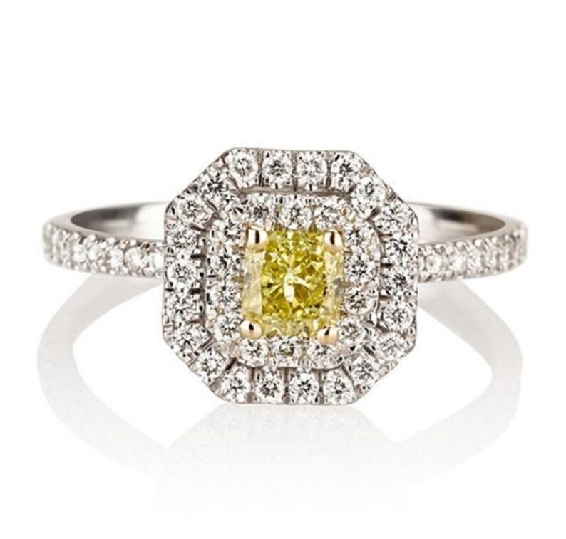 2 Ct Radiant Canary Yellow Ring Radiant Diamond Engagement Ring Round Diamond Ring Radiant Cut Ring Double Halo Diamond Wedding Ring