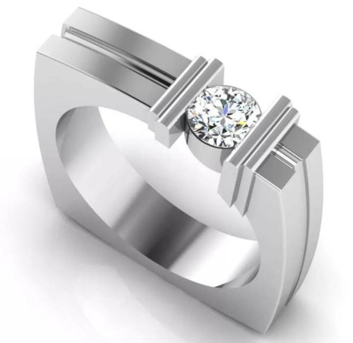 Round Diamond Men's Solitaire Ring Square Fold Ring Etsy