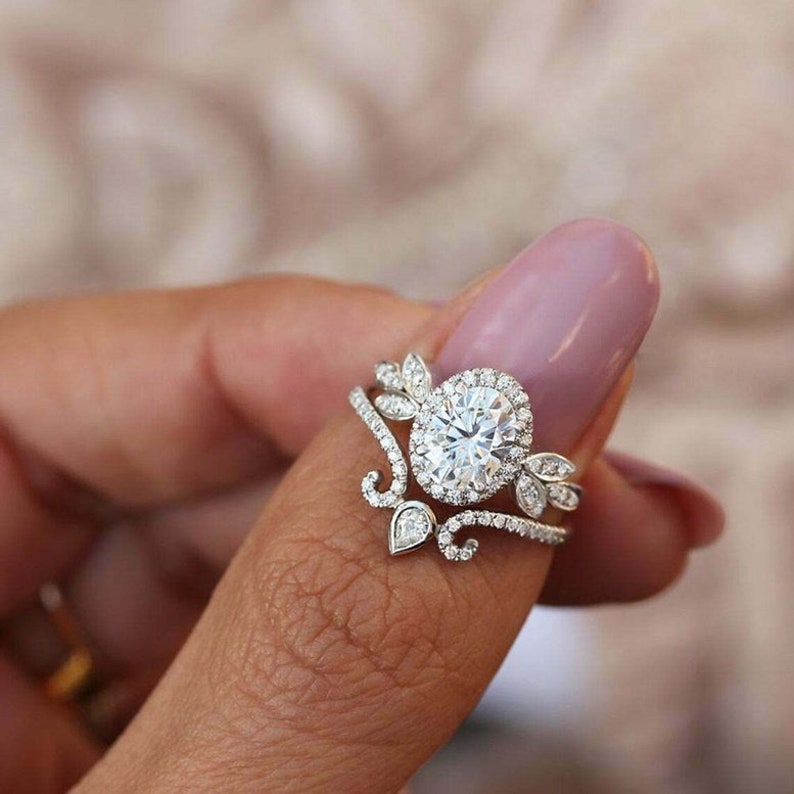Wedding-Bridal Ring Set Halo Floral Inspired Ring With Vintage Eternity Band 925 Silver Band Oval Cut Diamond Engagement Ring Set
