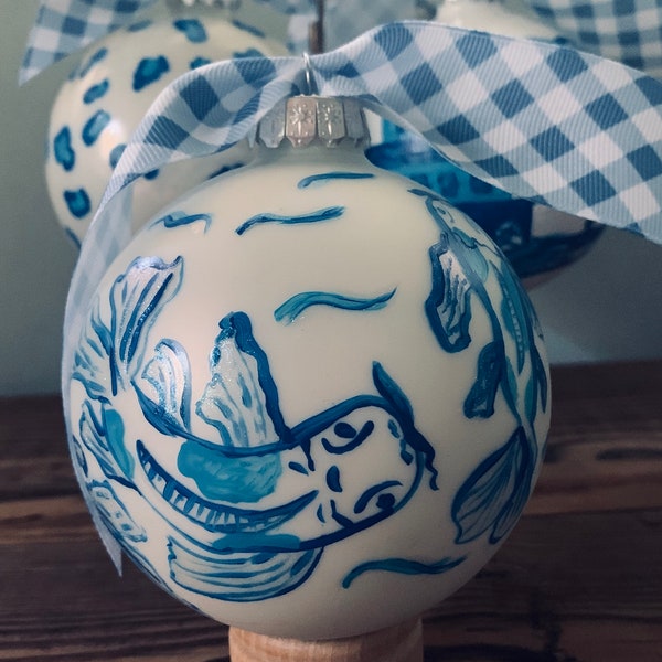 4” Hand Painted Blue and White Chinoiserie Koi Fish Ornament