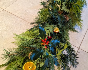 Handmade Christmas Garland: Fresh Evergreen Branches, Dried Oranges & Cones