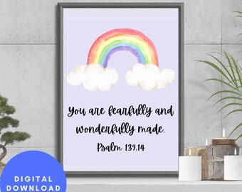 Psalm 139:14 print, DIGITAL DOWNLOAD, Nursery decor, Nursery wall art, Bible verse nursery decor, rainbow prints for nursery