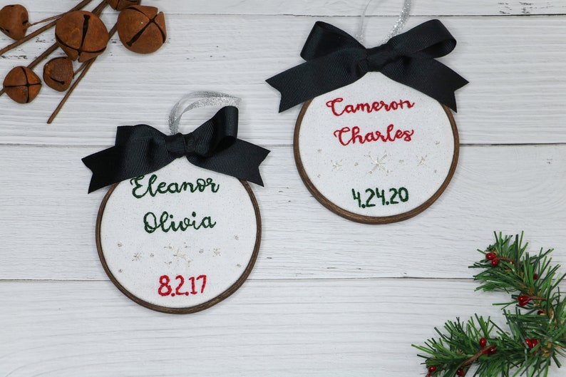 Hand Lettering Script Personalized Ornament Embroidery Hoop Ornament Baby/'s First Christmas Ornament Hand Embroidered Custom