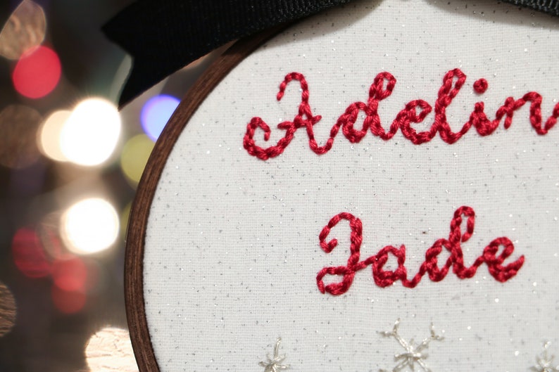 Hand Lettering Script Personalized Ornament Embroidery Hoop Ornament Baby/'s First Christmas Ornament Hand Embroidered Custom