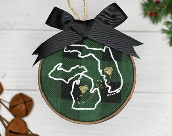 State to State Hand Embroidered Christmas Ornament | Green Buffalo Check | Custom | Long Distance |  Best Friends |  Couple | Two (2) States