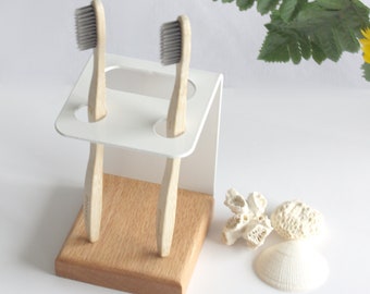 Modern Wood Base Toothbrush Holder for 2 Toothbrush 1 Toothpaste, Bathroom accessories & organizer, unique design, bathroom must-have