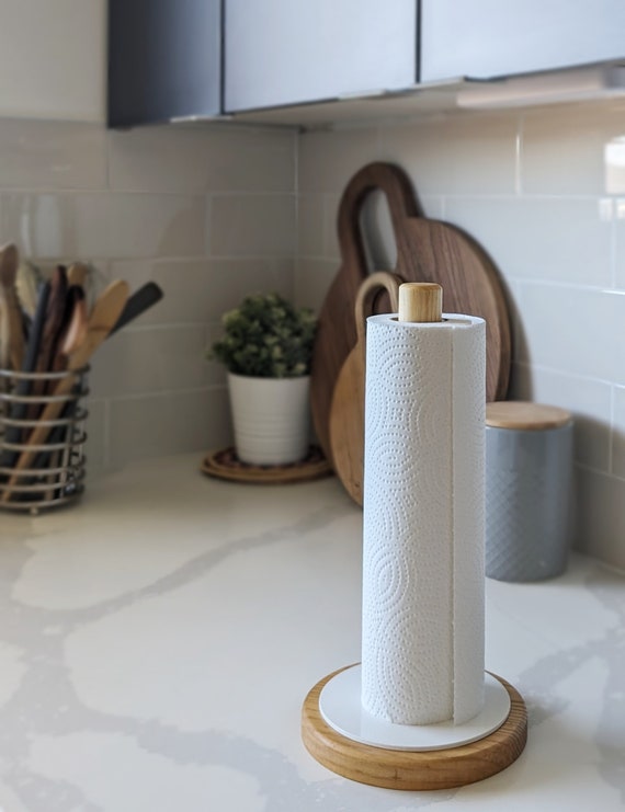 HELDER Paper Towel Holder - Free Standing, Heavy Base to avoid tipping, solid and sturdy paper towel stand, modern design with metal/wood