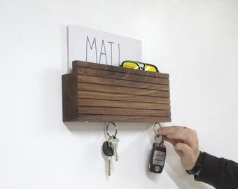 Grooved Walnut and Ash Solid Wood Magnetic Key Holder, Key Hooks, Wall Key Holder, Mail Holder, Glasses shelf, Key Organizer, Entry Way