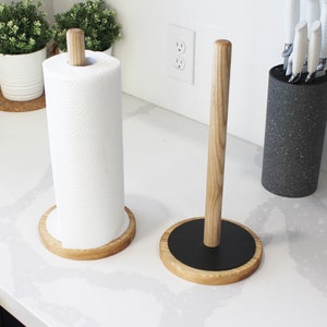 Kitchen Paper Towel Holder Countertop Rack, Rustic Burnt Wood and Metal Towel Dispenser with Top Shelf