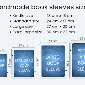 Image detailing handmade book sleeve sizes: Kindle (18 cm x 13 cm), Standard (24 cm x 17 cm), Large (27 cm x 20 cm), and Extra Large (30 cm x 23 cm). The sizes are displayed with their respective measurements in centimetres.