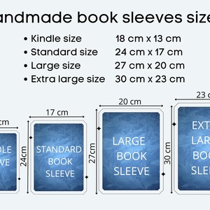 Image detailing handmade book sleeve sizes: Kindle (18 cm x 13 cm), Standard (24 cm x 17 cm), Large (27 cm x 20 cm), and Extra Large (30 cm x 23 cm). Each sleeve size is displayed with its dimensions in centimetres.