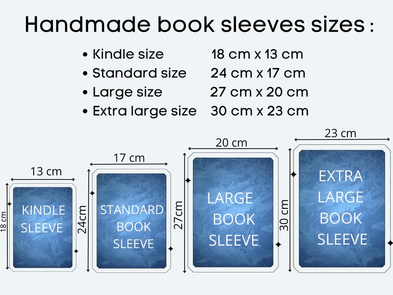 Image detailing handmade book sleeve sizes: Kindle (18 cm x 13 cm), Standard (24 cm x 17 cm), Large (27 cm x 20 cm), and Extra Large (30 cm x 23 cm). Each sleeve size is displayed with its dimensions in centimetres.