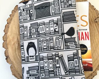 Library Book Sleeve: Black & White Bookish Cosy with Bird Detail