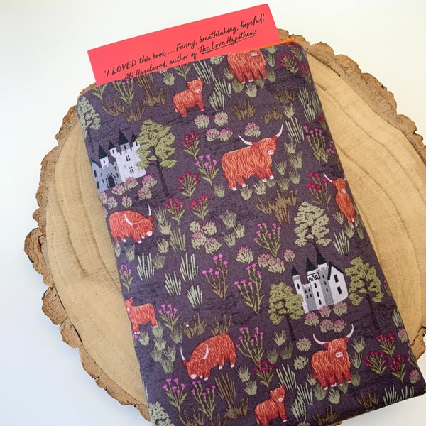 Highland Cow Book Sleeve Handmade, Book Sleeve For Books, Scottish Castle Padded Kindle Case, Autumn Woodland Thistle Book Protector