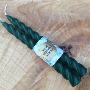 2 x 100% Beeswax Coloured Twisted Taper Table Candlestick Candle 19cm x 2cm made in Devon. Emerald green