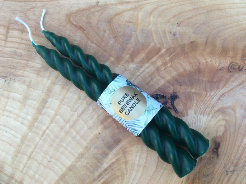 2 x 100% Beeswax Coloured Twisted Taper Table Candlestick Candle 19cm x 2cm made in Devon. Emerald green