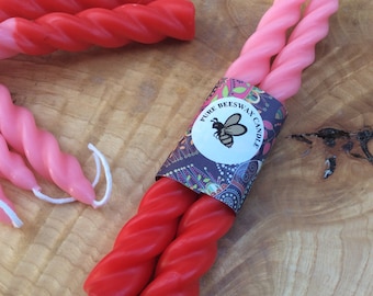 Beeswax Twisted Taper Candles: Hand-Dipped Pink & Red, Devon Made