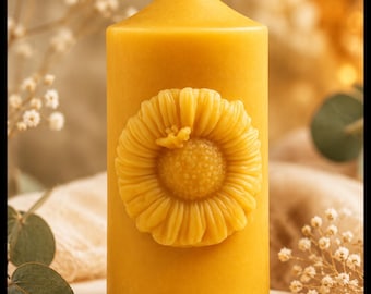 Sunflower and Bee 100% Beeswax candle - made in Devon