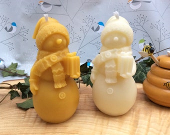 Large Beeswax Snowman Candle: 6cm x 14 cm Christmas Decor, Devon Made