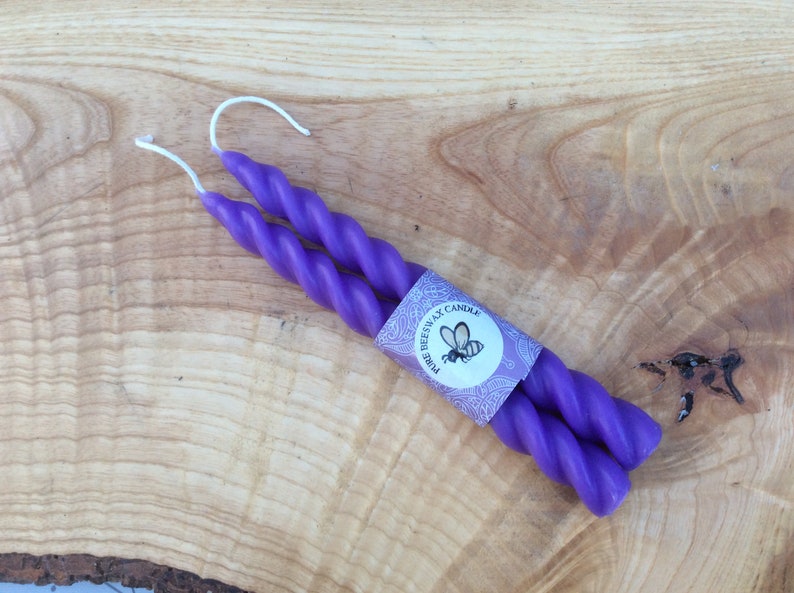 2 x 100% Beeswax Coloured Twisted Taper Table Candlestick Candle 19cm x 2cm made in Devon. Lilac