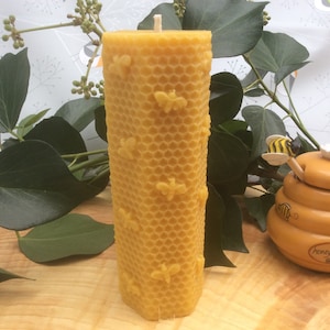 100% Beeswax Hexagon with Bees Pillar Candle - made in Devon 15cm x 5cm