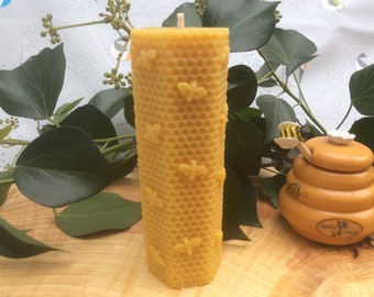100% Beeswax Hexagon with Bees Pillar Candle - made in Devon 15cm x 5cm
