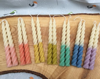 Beeswax Twisted Taper Candles: Hand Poured Duo Color Table Candlesticks