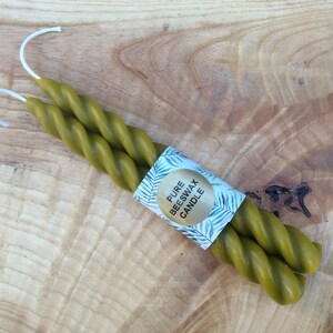 2 x 100% Beeswax Coloured Twisted Taper Table Candlestick Candle 19cm x 2cm made in Devon. Olive