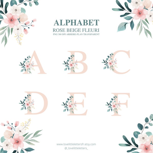 Floral Alphabet Großbuchstaben Blumen rosa beige grün, Monogramm, Initialen, Floral Clipart, Aquarell. PNG-Datei