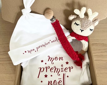 My first Christmas box, birth box, long-sleeved bodysuit, hat, rattle