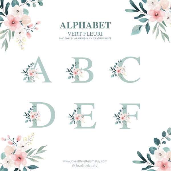 Alphabet floral lettres majuscules fleurs rose beige vert, monogramme, initiales, clipart floral, aquarelle. Fichier PNG