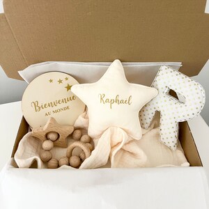 Star comforter birth box, beech wood toy and personalized letter, newborn gift, birth box