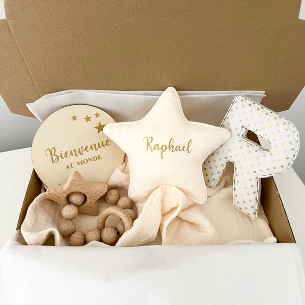 Coffret naissance doudou étoile, jouet en bois de hêtre et lettre personnalisée, cadeau nouveau né, box de naissance